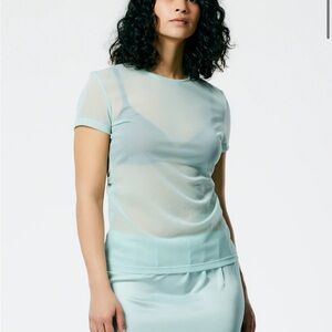 Tibi Aqua /mint green Sheer Short Sleeve Top